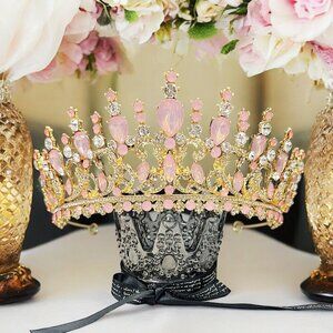 Crystal Quartz Crown, Pink Crystal Tiara, Boho Pink Crown, Gold Crystal Crown